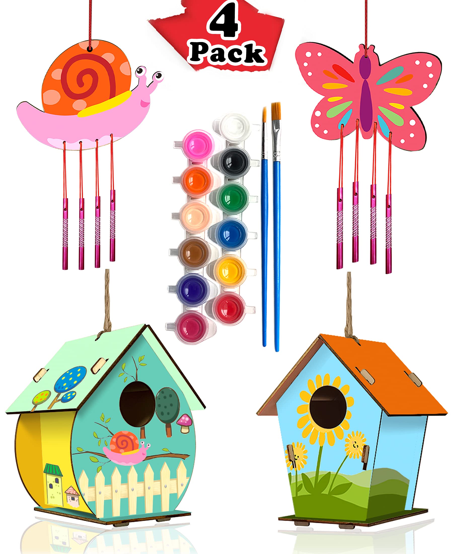 4 Pack DIY Bird House Wind Chime Kits for Children to Build and Paint,  Wooden Arts and Crafts for Kids Girls Boys Toddlers Ages 8-12 4-6 6-8, Paint  Kit Includes Paints & Brushes 